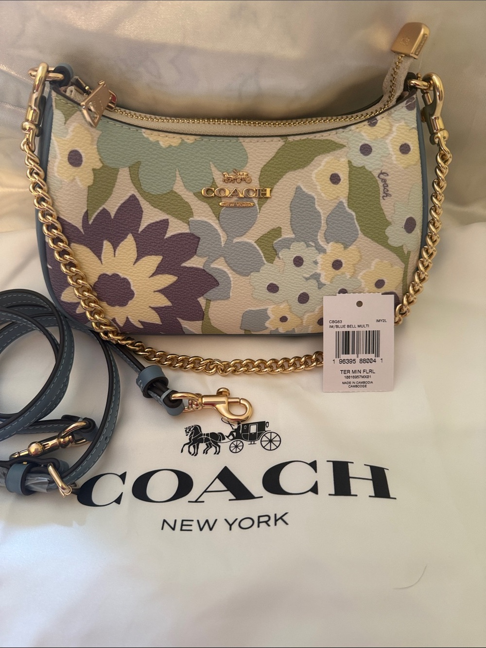🩵Coach NWT Blue Teri Mini Shoulder Bag with Floral Print/ Gold Chain & Hardware - Picture 3 of 10